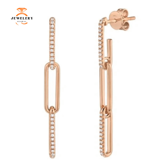 14KT GOLD 0.17 CTW DIAMOND PAPERCLIP LINK DANGLE EARRINGS - Image 2
