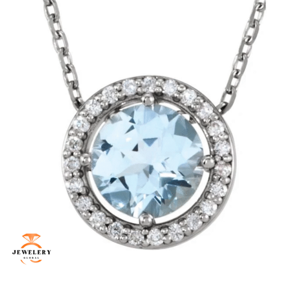 14KT GOLD 0.45 CT AQUAMARINE & .05 CTW DIAMOND ROUND HALO NECKLACE