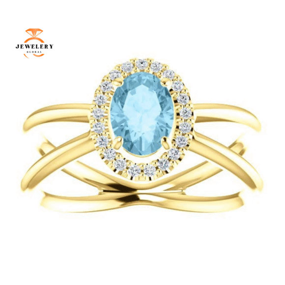14KT GOLD AQUAMARINE & DIAMOND CRISS-CROSS HALO RING - Image 8