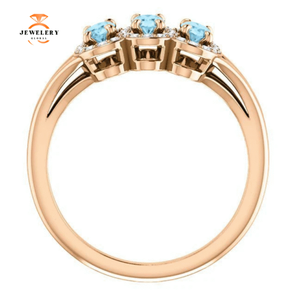 14KT GOLD .60 CTW AQUAMARINE & .16 CTW DIAMOND 3 STONE HALO RING - Image 11