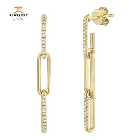 14KT GOLD 0.17 CTW DIAMOND PAPERCLIP LINK DANGLE EARRINGS - Image 3