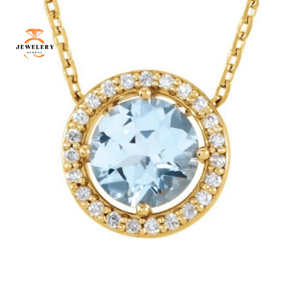 14KT GOLD 0.45 CT AQUAMARINE & .05 CTW DIAMOND ROUND HALO NECKLACE - Image 3