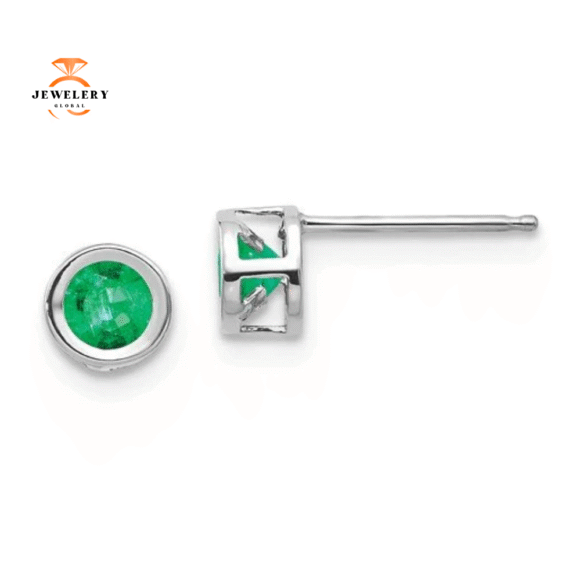 14KT GOLD ROUND BEZEL SET EMERALD STUD EARRINGS