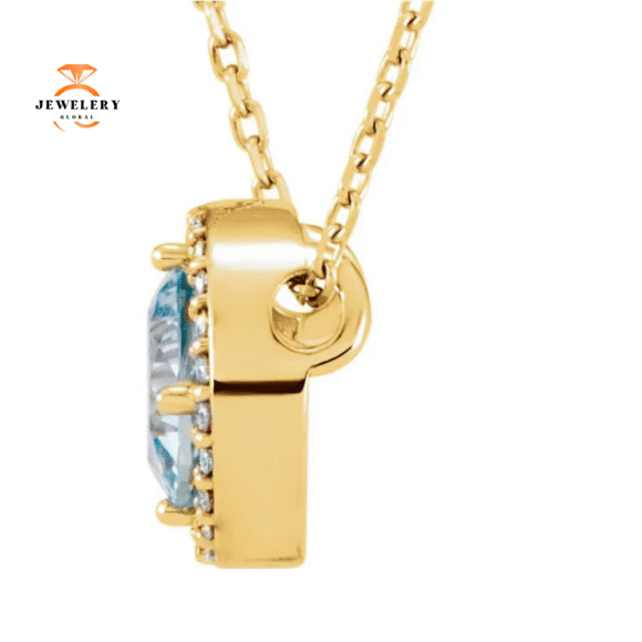 14KT GOLD 0.45 CT AQUAMARINE & .05 CTW DIAMOND ROUND HALO NECKLACE - Image 4