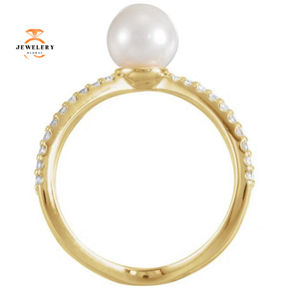 14KT GOLD PEARL AND DIAMOND CRISS CROSS RING - Image 4