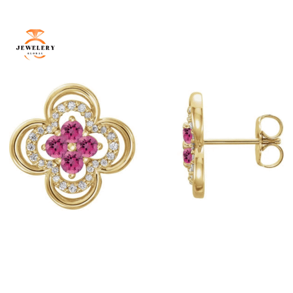 14KT GOLD 0.32 CTW PINK TOURMALINE & 1/5 CTW DIAMOND CLOVER EARRINGS