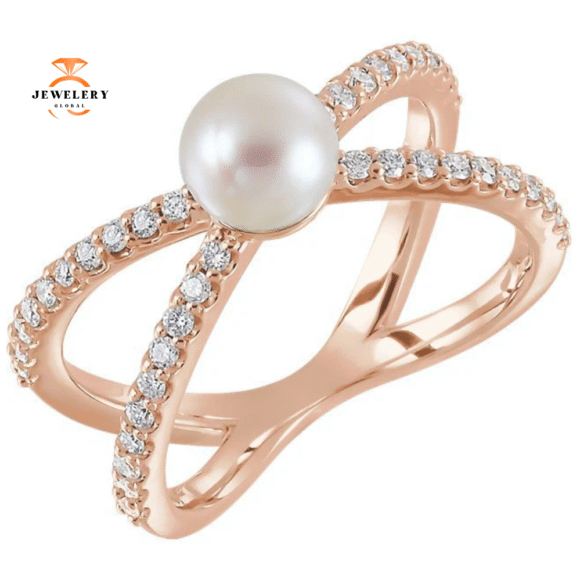 14KT GOLD PEARL AND DIAMOND CRISS CROSS RING - Image 5