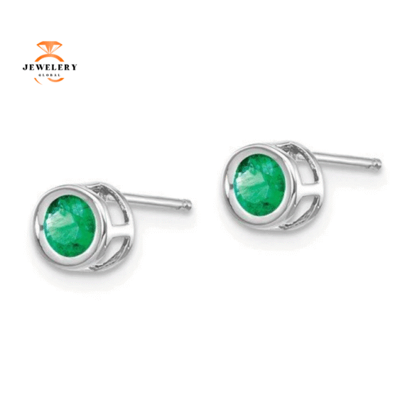 14KT GOLD ROUND BEZEL SET EMERALD STUD EARRINGS - Image 3