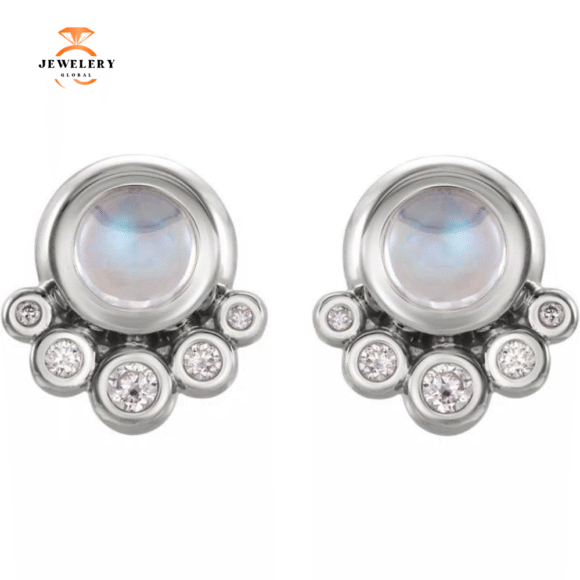 14KT GOLD .65 CT MOONSTONE & 1/8 CTW DIAMOND ACCENT EARRINGS - Image 2