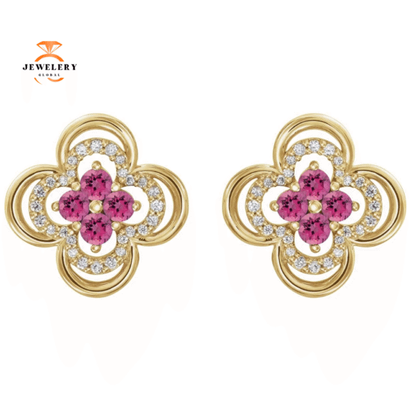 14KT GOLD 0.32 CTW PINK TOURMALINE & 1/5 CTW DIAMOND CLOVER EARRINGS - Image 2