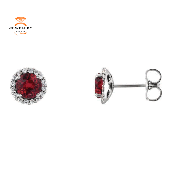 14KT GOLD 1.32 CTW RUBY & 0.12 CTW DIAMOND HALO EARRINGS