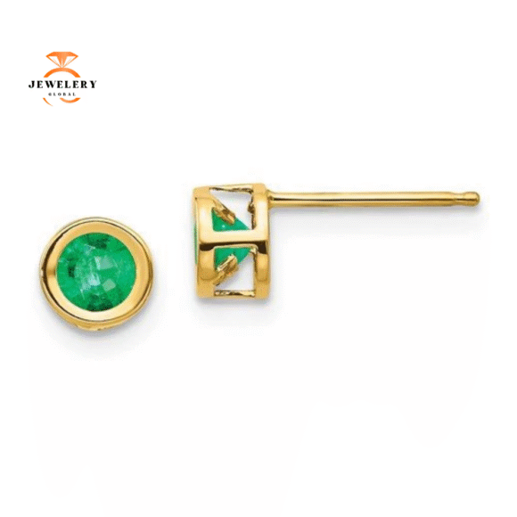 14KT GOLD ROUND BEZEL SET EMERALD STUD EARRINGS - Image 4