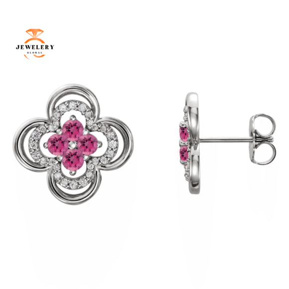 14KT GOLD 0.32 CTW PINK TOURMALINE & 1/5 CTW DIAMOND CLOVER EARRINGS - Image 5