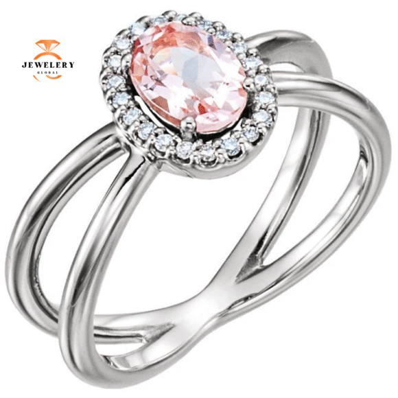 14KT GOLD MORGANITE & DIAMOND CRISS CROSS HALO RING - Image 3