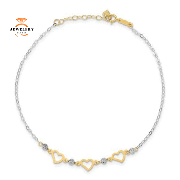 14KT TWO-TONE GOLD BEAD & HEART OVAL LINK ANKLET
