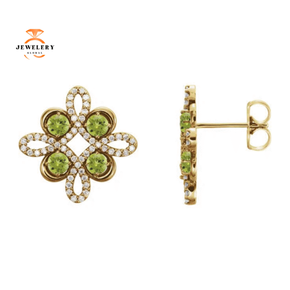 14KT GOLD 0.72 CTW PERIDOT & 1/4 CTW DIAMOND CLOVER EARRINGS - Image 3