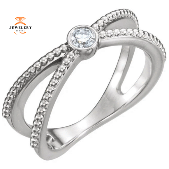 14KT GOLD 1/8 CTW DIAMOND BEZEL-SET BEADED CRISS CROSS RING - Image 3