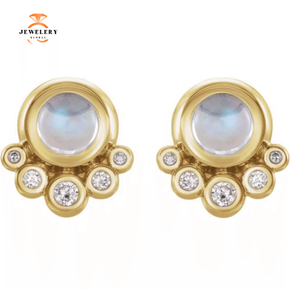 14KT GOLD .65 CT MOONSTONE & 1/8 CTW DIAMOND ACCENT EARRINGS - Image 4