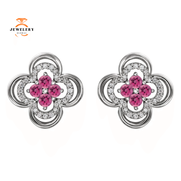 14KT GOLD 0.32 CTW PINK TOURMALINE & 1/5 CTW DIAMOND CLOVER EARRINGS - Image 6