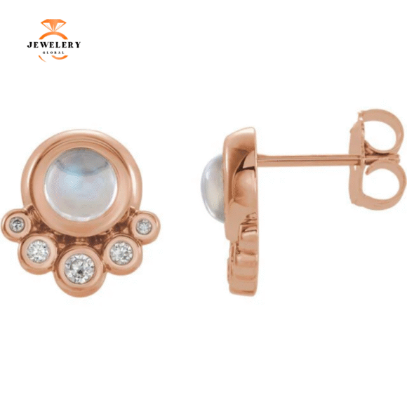 14KT GOLD .65 CT MOONSTONE & 1/8 CTW DIAMOND ACCENT EARRINGS - Image 5