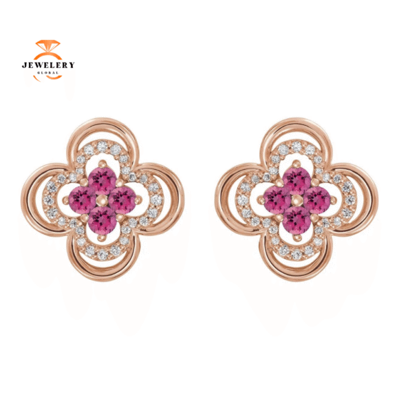 14KT GOLD 0.32 CTW PINK TOURMALINE & 1/5 CTW DIAMOND CLOVER EARRINGS - Image 4