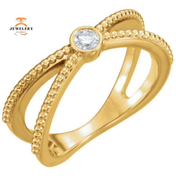 14KT GOLD 1/8 CTW DIAMOND BEZEL-SET BEADED CRISS CROSS RING - Image 5