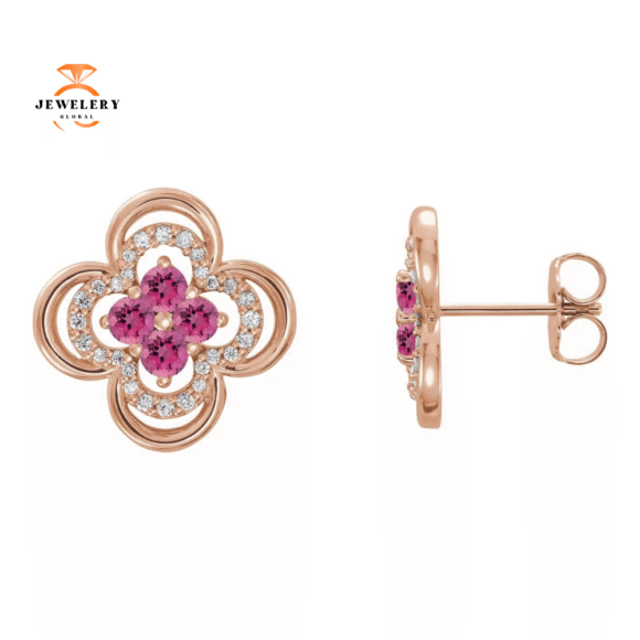 14KT GOLD 0.32 CTW PINK TOURMALINE & 1/5 CTW DIAMOND CLOVER EARRINGS - Image 3