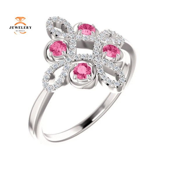 14KT GOLD 0.32 CTW PINK TOURMALINE & 1/6 CTW DIAMOND CLOVER RING