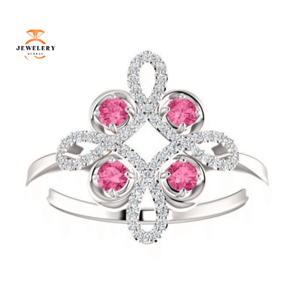14KT GOLD 0.32 CTW PINK TOURMALINE & 1/6 CTW DIAMOND CLOVER RING - Image 3