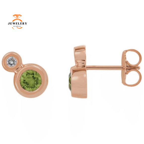 14KT GOLD 1/4 CTW PERIDOT & .03 CTW DIAMOND BEZEL EARRINGS - Image 5
