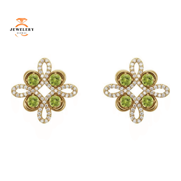 14KT GOLD 0.72 CTW PERIDOT & 1/4 CTW DIAMOND CLOVER EARRINGS - Image 4