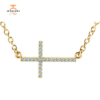 14KT GOLD 0.17 CTW ROUND AQUAMARINE SIDEWAYS CROSS NECKLACE