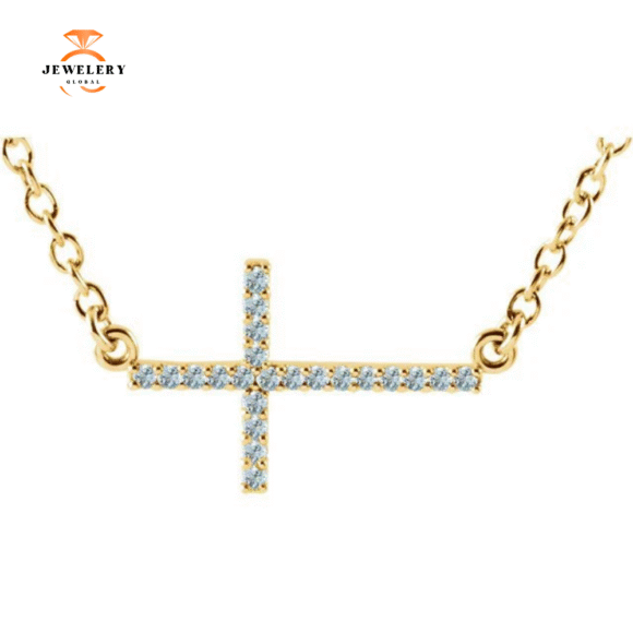 14KT GOLD 0.17 CTW ROUND AQUAMARINE SIDEWAYS CROSS NECKLACE