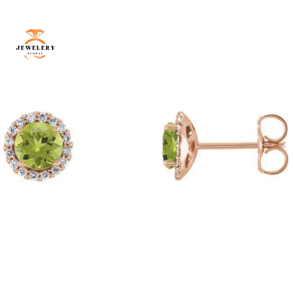 14KT GOLD 1/4 CTW PERIDOT & 1/8 CTW DIAMOND HALO EARRINGS