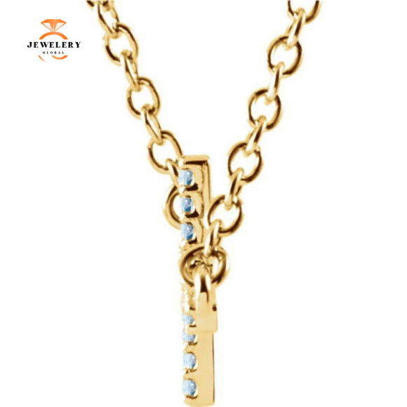 14KT GOLD 0.17 CTW ROUND AQUAMARINE SIDEWAYS CROSS NECKLACE - Image 2