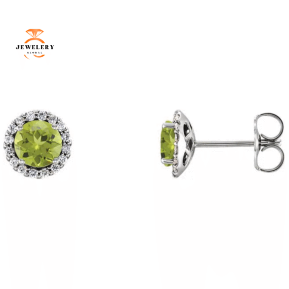 14KT GOLD 1/4 CTW PERIDOT & 1/8 CTW DIAMOND HALO EARRINGS - Image 2