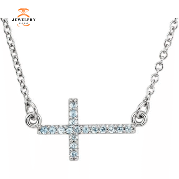 14KT GOLD 0.17 CTW ROUND AQUAMARINE SIDEWAYS CROSS NECKLACE - Image 3