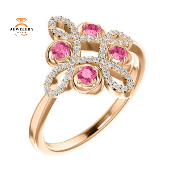 14KT GOLD 0.32 CTW PINK TOURMALINE & 1/6 CTW DIAMOND CLOVER RING - Image 5