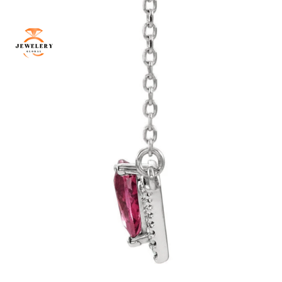 14KT GOLD 0.45 CT PINK TOURMALINE & 0.08 CTW DIAMOND "V" BAR NECKLACE - Image 2