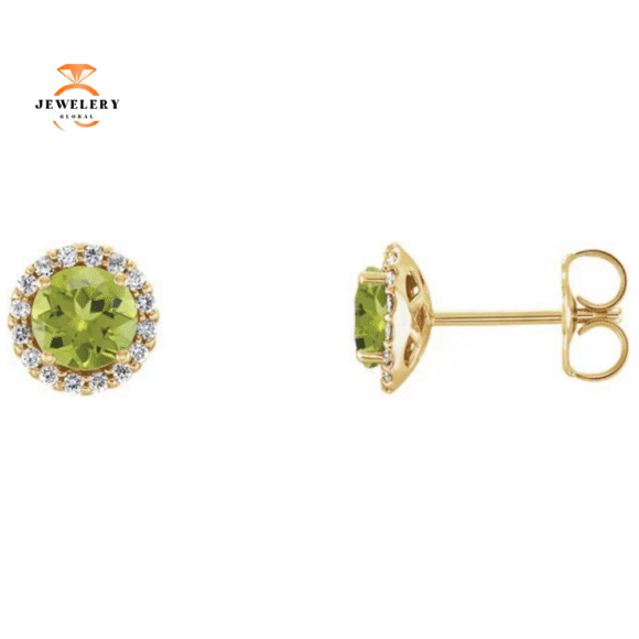 14KT GOLD 1/4 CTW PERIDOT & 1/8 CTW DIAMOND HALO EARRINGS - Image 3