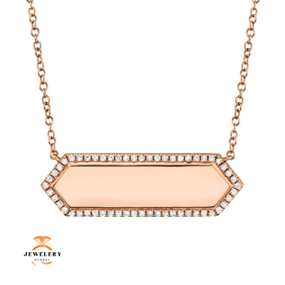14KT GOLD ID BAR DIAMOND HALO NECKLACE