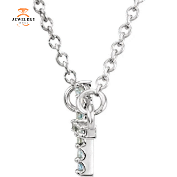14KT GOLD 0.17 CTW ROUND AQUAMARINE SIDEWAYS CROSS NECKLACE - Image 4