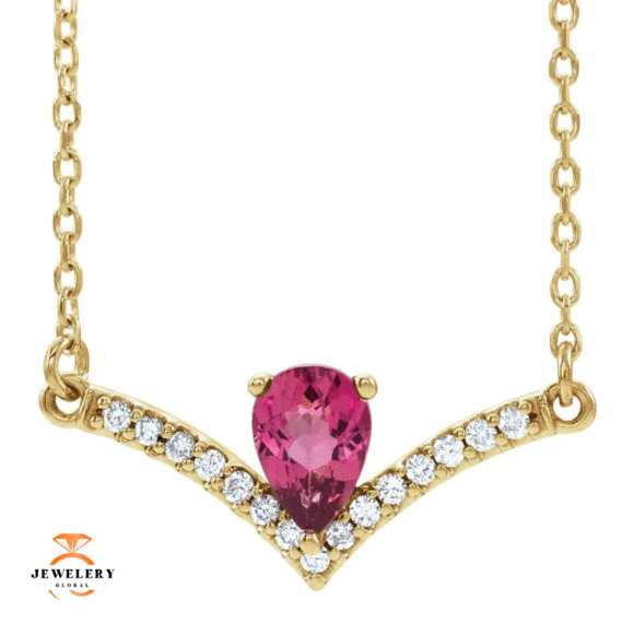 14KT GOLD 0.45 CT PINK TOURMALINE & 0.08 CTW DIAMOND "V" BAR NECKLACE - Image 3