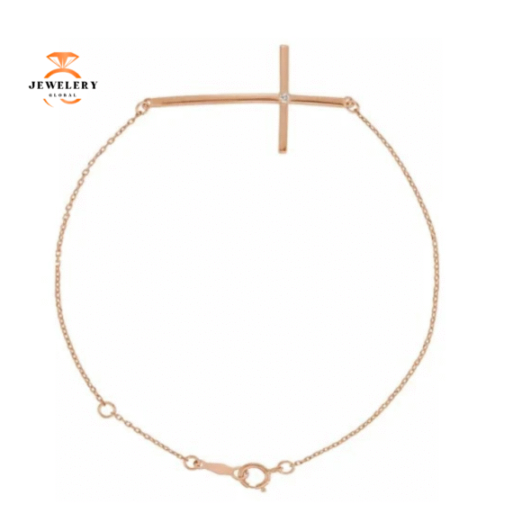 14KT GOLD ROUND DIAMOND SIDEWAYS CROSS BRACELET - Image 2