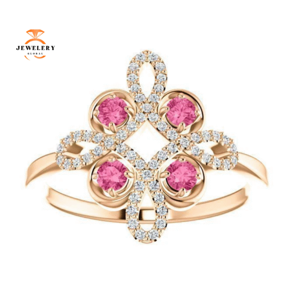 14KT GOLD 0.32 CTW PINK TOURMALINE & 1/6 CTW DIAMOND CLOVER RING - Image 7