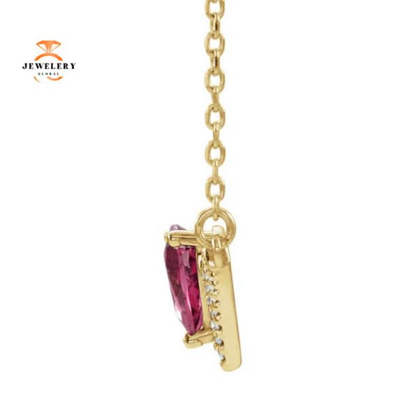 14KT GOLD 0.45 CT PINK TOURMALINE & 0.08 CTW DIAMOND "V" BAR NECKLACE - Image 4