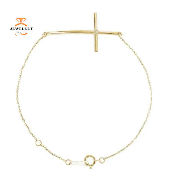 14KT GOLD ROUND DIAMOND SIDEWAYS CROSS BRACELET - Image 3