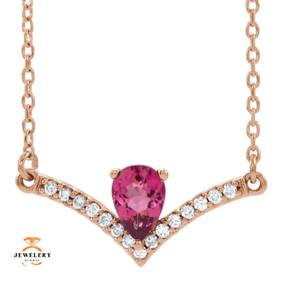 14KT GOLD 0.45 CT PINK TOURMALINE & 0.08 CTW DIAMOND "V" BAR NECKLACE - Image 5