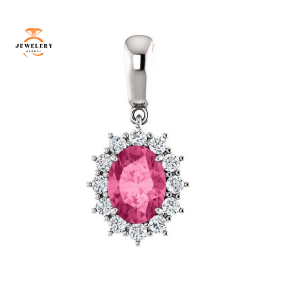 14KT GOLD 1.35 CT PINK TOURMALINE & 1/3 CTW DIAMOND HALO PENDANT