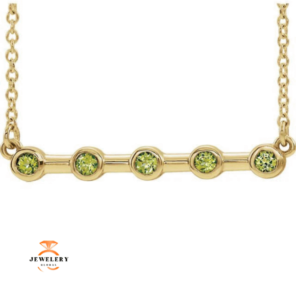 14KT GOLD 1/4 CTW PERIDOT BEZEL-SET BAR NECKLACE - Image 2